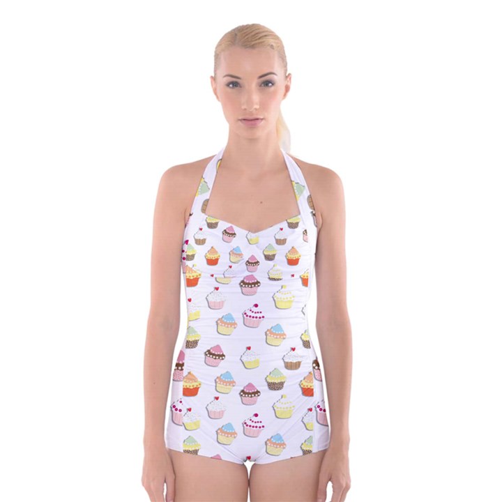 Cupcakes pattern Boyleg Halter Swimsuit 