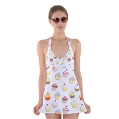 Cupcakes Pattern Halter Swimsuit Dress