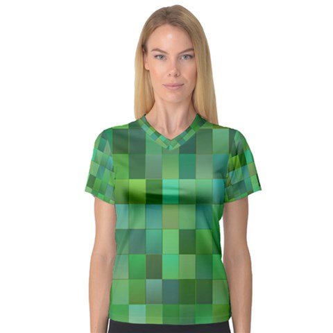 Green Blocks Pattern Backdrop Women s V-neck Sport Mesh Tee by Nexatart