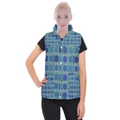 Circles Abstract Blue Pattern Women s Button Up Puffer Vest