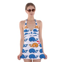 Fish Animals Whale Blue Orange Love Halter Swimsuit Dress by Mariart