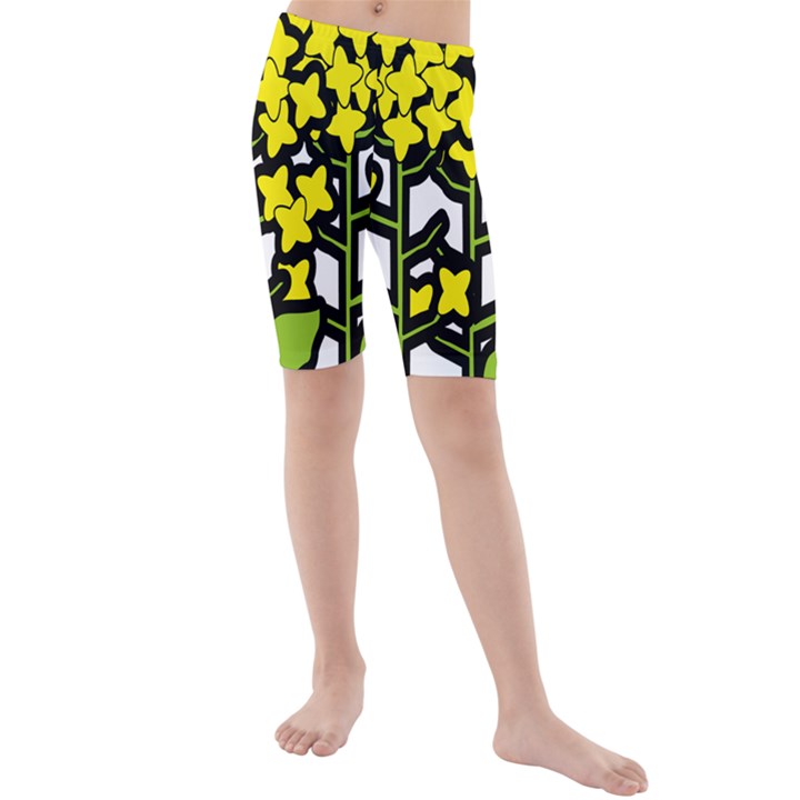 Flower Floral Sakura Yellow Green Leaf Kids  Mid Length Swim Shorts