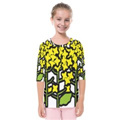 Flower Floral Sakura Yellow Green Leaf Kids  Quarter Sleeve Raglan Tee