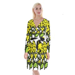 Flower Floral Sakura Yellow Green Leaf Long Sleeve Velvet Front Wrap Dress by Mariart