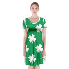 Flower Green Shamrock White Short Sleeve V-neck Flare Dress by Mariart