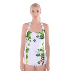 Flower Shamrock Green Gold Boyleg Halter Swimsuit  by Mariart