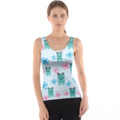 Frog Green Pink Flower Tank Top by Mariart