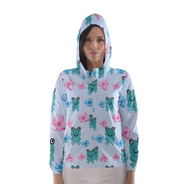 Frog Green Pink Flower Hooded Wind Breaker (Women)