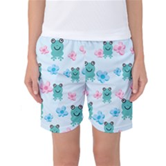 Frog Green Pink Flower Women s Basketball Shorts by Mariart