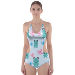 Frog Green Pink Flower Cut-out One Piece Swimsuit by Mariart