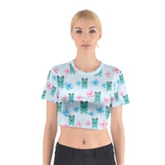 Frog Green Pink Flower Cotton Crop Top by Mariart