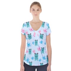 Frog Green Pink Flower Short Sleeve Front Detail Top by Mariart