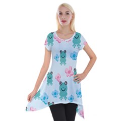 Frog Green Pink Flower Short Sleeve Side Drop Tunic by Mariart