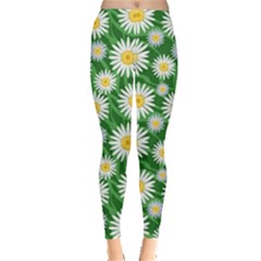 Flower Sunflower Yellow Green Leaf White Leggings  by Mariart