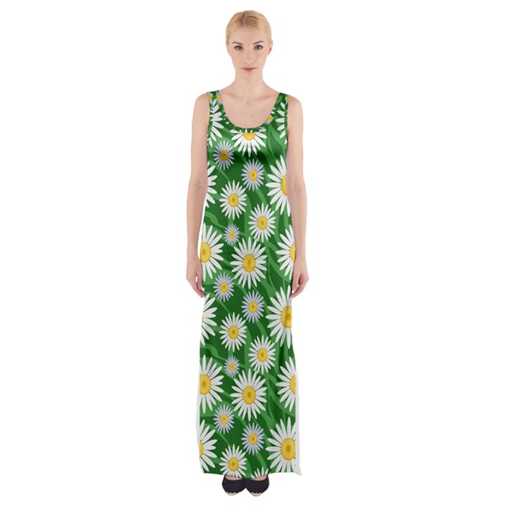 Flower Sunflower Yellow Green Leaf White Maxi Thigh Split Dress