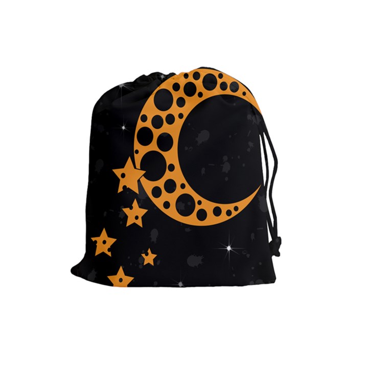 Moon Star Space Orange Black Light Night Circle Polka Drawstring Pouches (Large) 