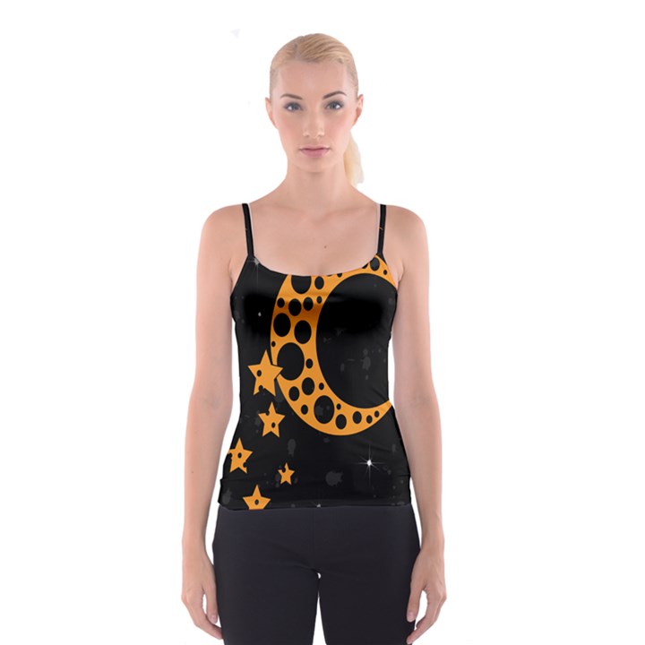 Moon Star Space Orange Black Light Night Circle Polka Spaghetti Strap Top