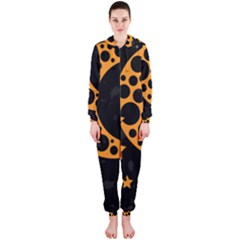 Moon Star Space Orange Black Light Night Circle Polka Hooded Jumpsuit (ladies)  by Mariart