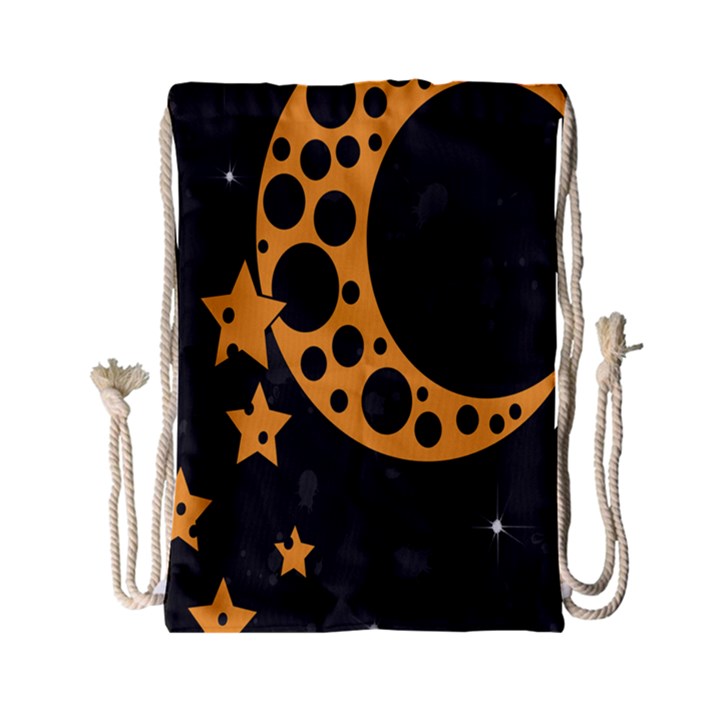 Moon Star Space Orange Black Light Night Circle Polka Drawstring Bag (Small)