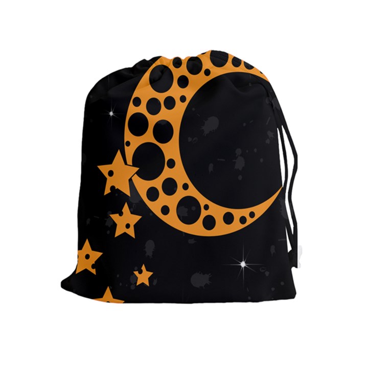 Moon Star Space Orange Black Light Night Circle Polka Drawstring Pouches (Extra Large)