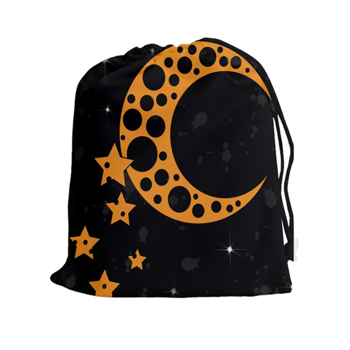 Moon Star Space Orange Black Light Night Circle Polka Drawstring Pouches (XXL)