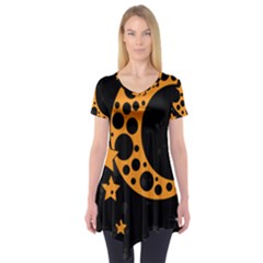 Moon Star Space Orange Black Light Night Circle Polka Short Sleeve Tunic  by Mariart