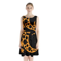 Moon Star Space Orange Black Light Night Circle Polka Sleeveless Chiffon Waist Tie Dress by Mariart