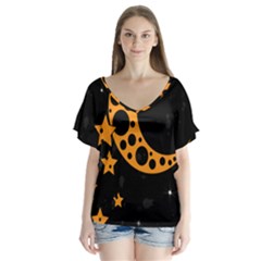 Moon Star Space Orange Black Light Night Circle Polka Flutter Sleeve Top by Mariart