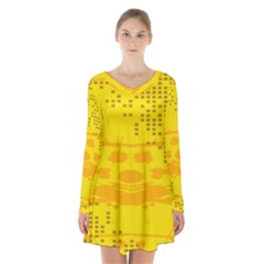 Texture Yellow Abstract Background Long Sleeve Velvet V-neck Dress by Nexatart