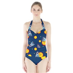 Rocket Ufo Moon Star Space Planet Blue Circle Halter Swimsuit