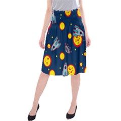 Rocket Ufo Moon Star Space Planet Blue Circle Midi Beach Skirt by Mariart