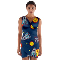 Rocket Ufo Moon Star Space Planet Blue Circle Wrap Front Bodycon Dress by Mariart