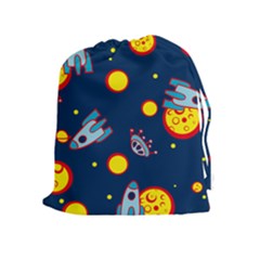 Rocket Ufo Moon Star Space Planet Blue Circle Drawstring Pouches (extra Large) by Mariart