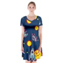 Rocket Ufo Moon Star Space Planet Blue Circle Short Sleeve V-neck Flare Dress View1