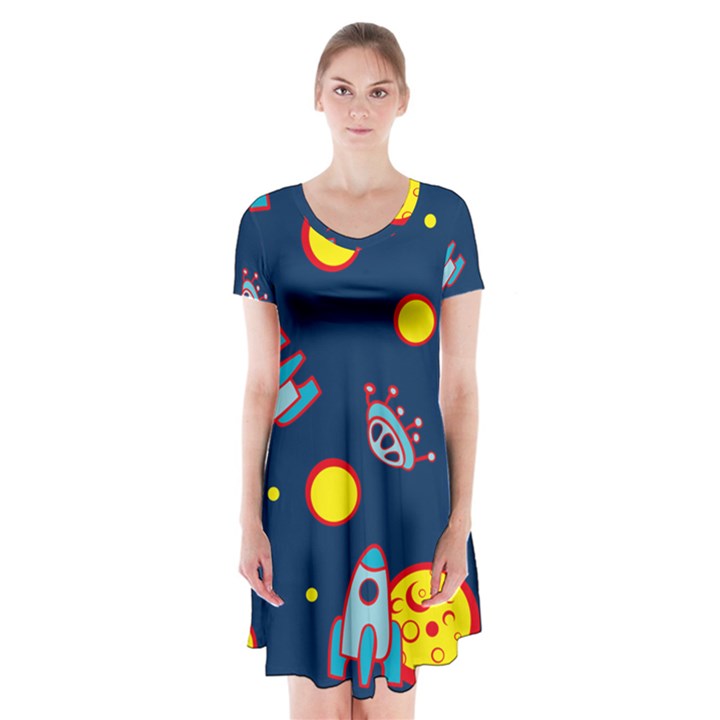 Rocket Ufo Moon Star Space Planet Blue Circle Short Sleeve V-neck Flare Dress