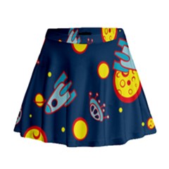 Rocket Ufo Moon Star Space Planet Blue Circle Mini Flare Skirt by Mariart