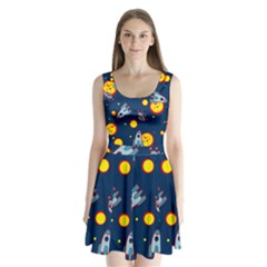 Rocket Ufo Moon Star Space Planet Blue Circle Split Back Mini Dress  by Mariart