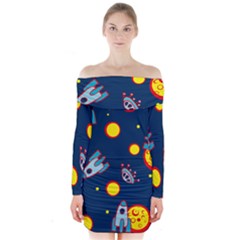 Rocket Ufo Moon Star Space Planet Blue Circle Long Sleeve Off Shoulder Dress by Mariart