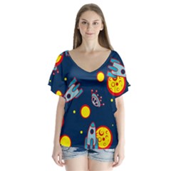 Rocket Ufo Moon Star Space Planet Blue Circle Flutter Sleeve Top by Mariart