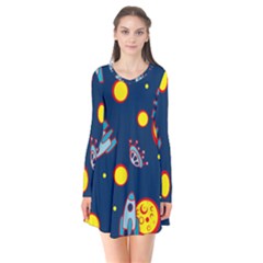 Rocket Ufo Moon Star Space Planet Blue Circle Flare Dress by Mariart