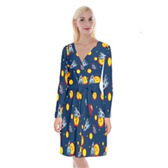 Rocket Ufo Moon Star Space Planet Blue Circle Long Sleeve Velvet Front Wrap Dress by Mariart