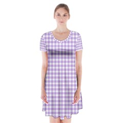 Plaid Purple White Line Short Sleeve V-neck Flare Dress by Mariart