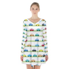 Small Car Red Yellow Blue Orange Black Kids Long Sleeve Velvet V-neck Dress by Mariart