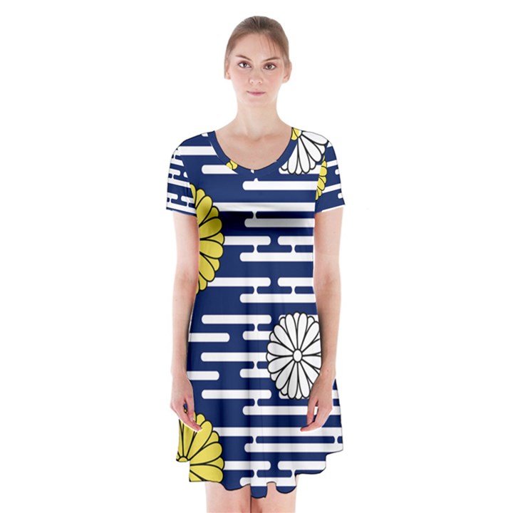 Sunflower Line Blue Yellpw Short Sleeve V-neck Flare Dress