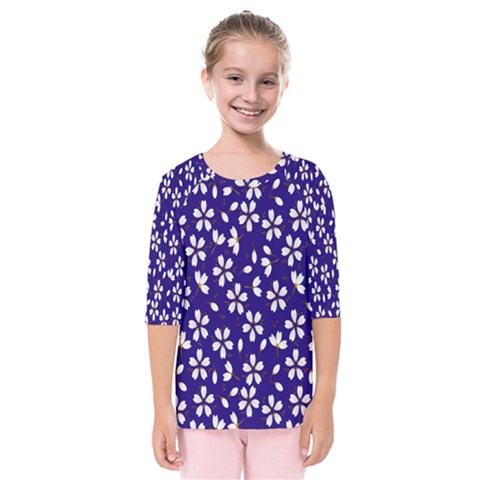 Star Flower Blue White Kids  Quarter Sleeve Raglan Tee by Mariart