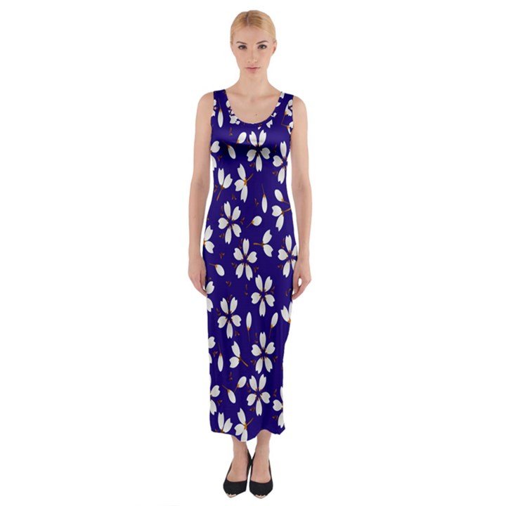 Star Flower Blue White Fitted Maxi Dress