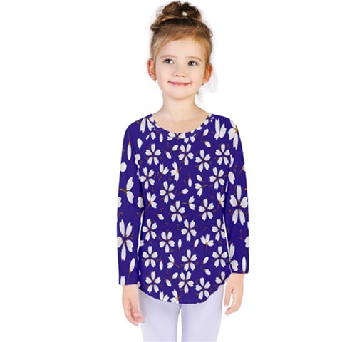 Star Flower Blue White Kids  Long Sleeve Tee by Mariart