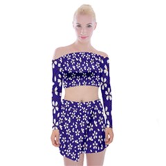 Star Flower Blue White Off Shoulder Top With Skirt Set