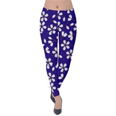 Star Flower Blue White Velvet Leggings by Mariart