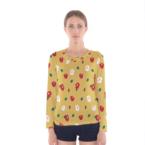 Tulip Sunflower Sakura Flower Floral Red White Leaf Green Women s Long Sleeve Tee by Mariart